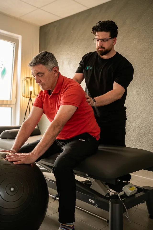 Ein Therapeut begleitet eine Übung im Sitzen an der Behandlungsliege, davor ein Gymnastikball