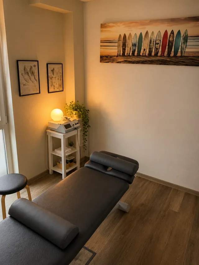 Behandlungsraum mit Liege, Elektrotherapiegerät und anatomischen Zeichnungen an der Wand