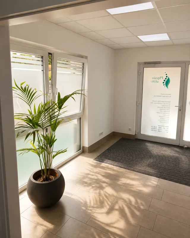 Eingangsbereich mit Palme und der Milchglastür mit dem PhysioAktiv-Zeichen