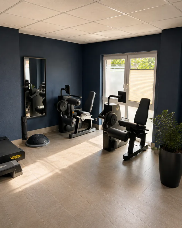 Trainingsraum mit Spiegel, Balancekissen und Blick in den Garten