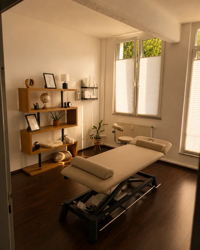 Behandlungsraum mit Liege und offenem Holzregal, Tageslicht vom Fenster