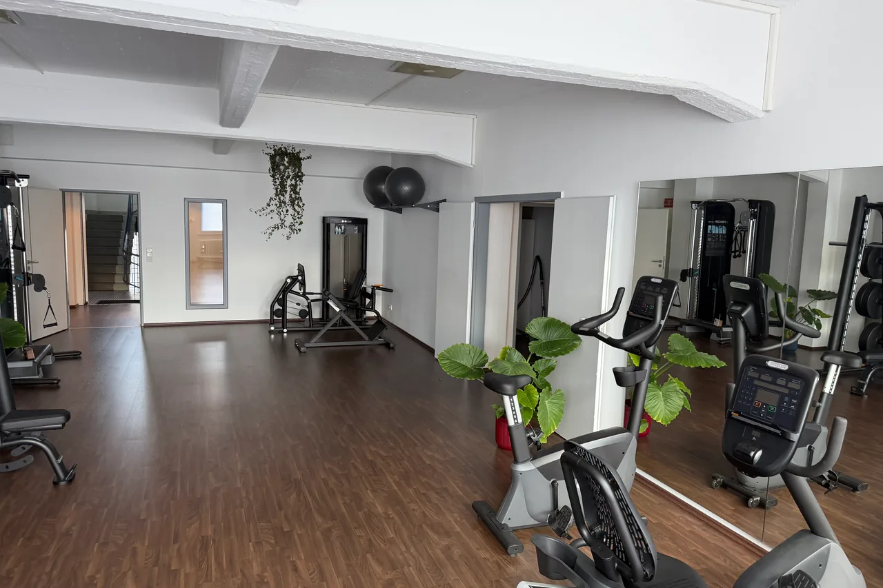 Trainingsfläche der Praxis im Klinikviertel unter offenen Deckenbalken, Geräte an der Fensterseite