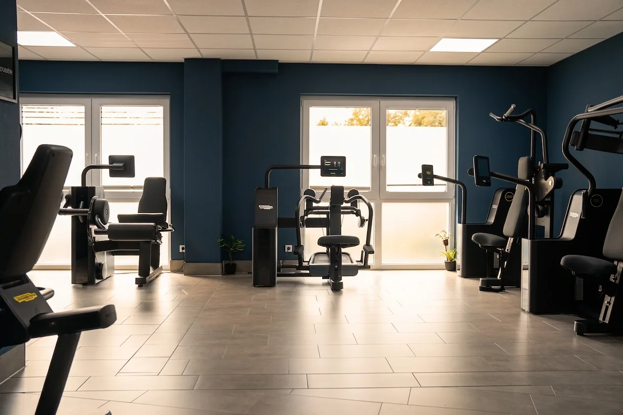 Trainingsfläche mit Geräten entlang der Fensterfront
